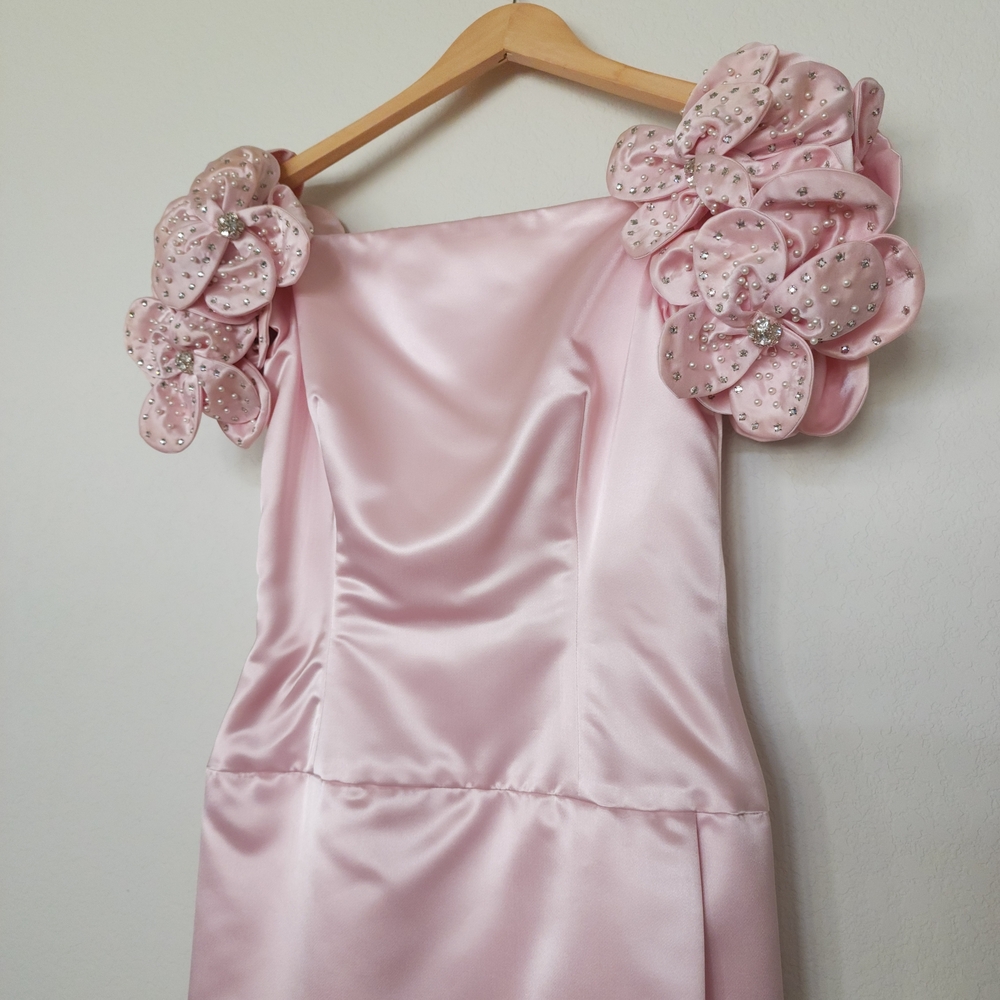 Elegant Pink Satin Dress with Floral Embellishments